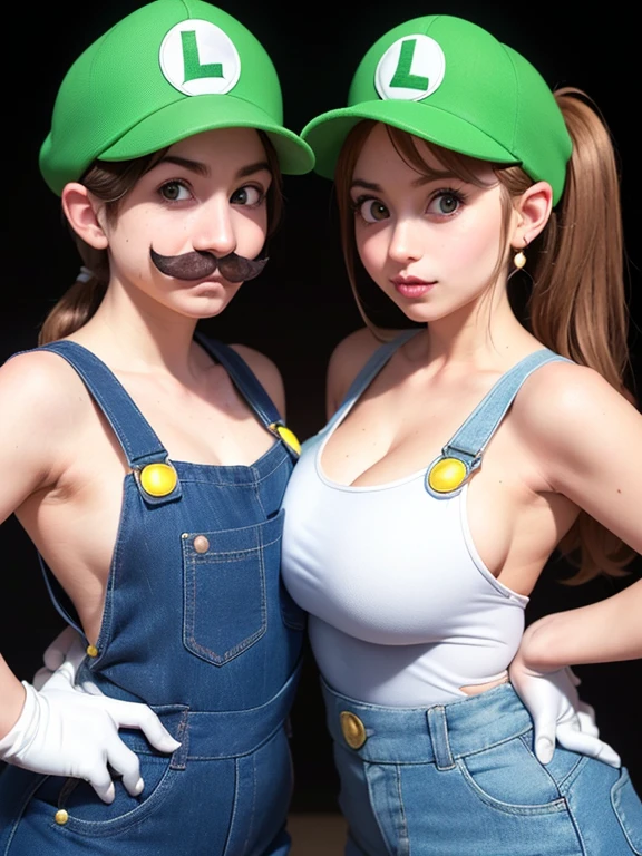 2 girls line up, (girl cosplaying as Mario and girl cosplaying as Luigi, a girl dressed as Mario has {brown bob hair} and Brown big eyes, super cute slightly round face, is wearing Mario's red Casquette, a red shirt, blue overalls, and white gloves), (the other 1 girl dressed as Luigi has {blond wavy hair] and pale Blue big eyes, very beautiful slightly narrow face, is wearing Luigi's green Casquette, a green shirt, blue overalls, and white gloves), (Both of them are wearing blue overalls and fake moustaches:1.1, Both of them are leaning forward to emphasize their Big breasts:1.1), background is the pink Mushroom Kingdom, ((masterpiece, best quality, high resolution)) 