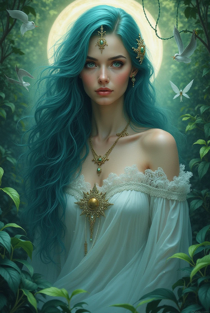 Full body photo, front camera, realistic digital painting portrait of a magical druid, (wavy long hair: 1.1), (white hair: 1.3), magical universe, forest, flowery and sleeveless dress, jewelry with intricate details, golden bracelets, movement, walking forward, slow motion, light smile, yellow eyes (abstract background: 1.2), (very detailed light blue colored skin:  1.2), (game concept: 1.3), (elden ring style: 1.3), (arcane style: 0.8), (depth of field: 1.3), volumetric lighting, global lighting