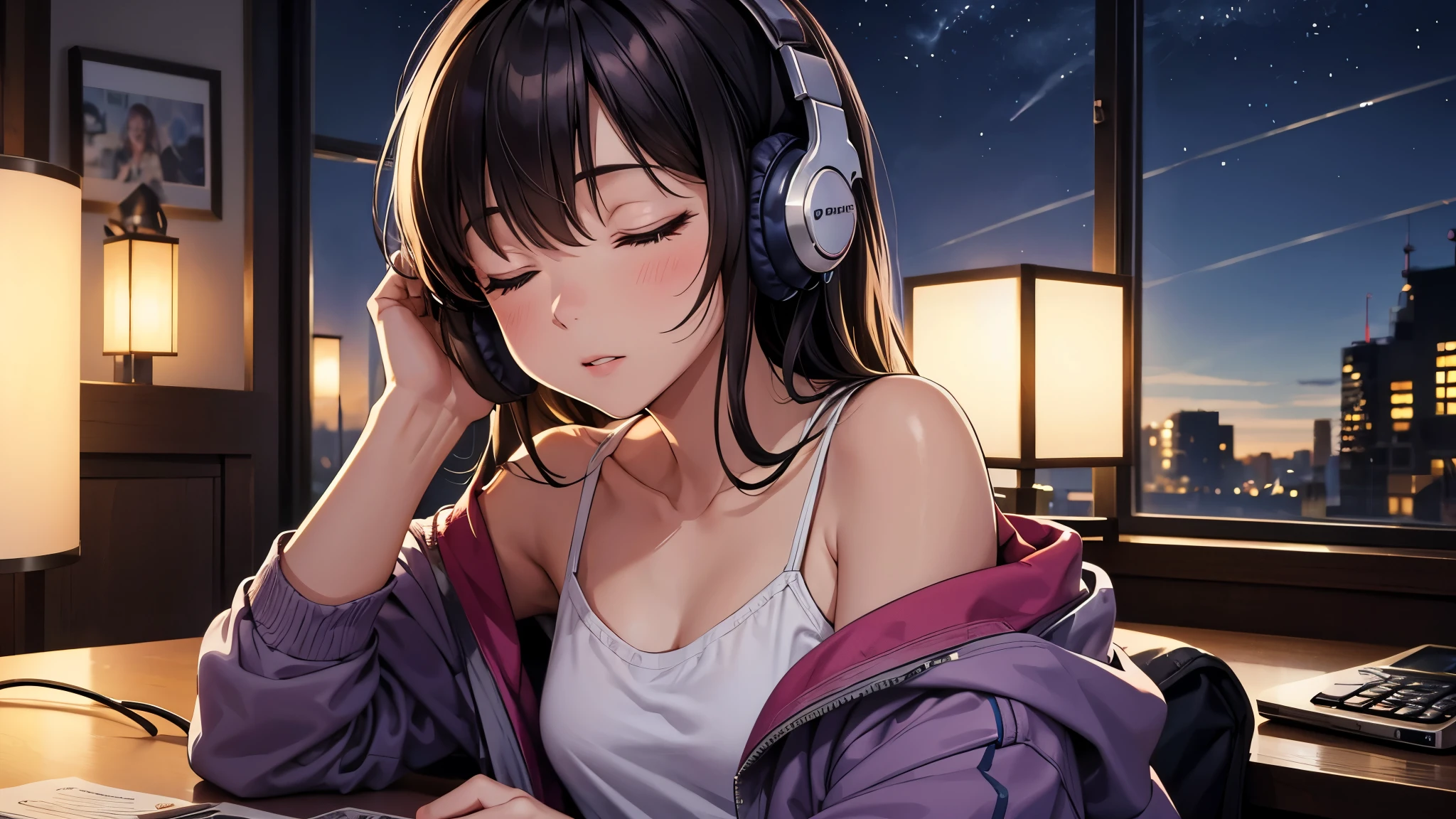 Girl with headphones enjoying music in a home I am studying Emphasize a little bit of the big chest Looking towards me with eyes closed Night Background
