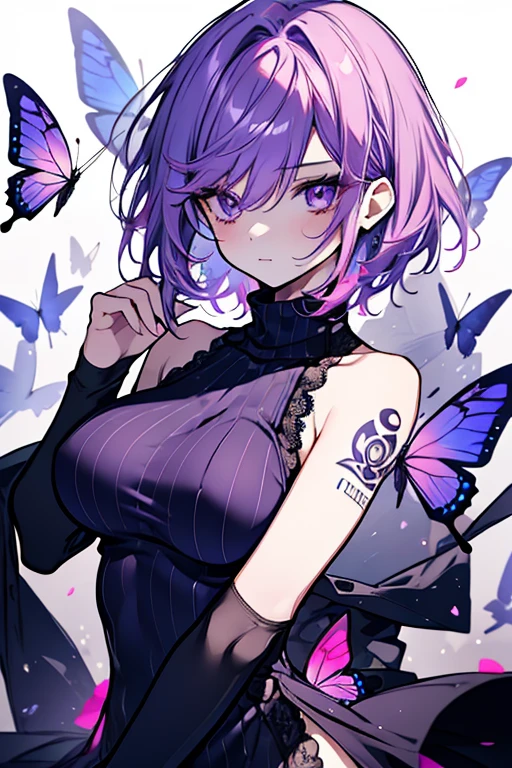 The upper part of the body_Body, from a_Above, zoom in on eyes, Bangs, hair between eye, Strapless, The collarbone is visible, Butterfly SurroundedFlowers fill the screen, Floating light spot, hearts in eyes, heart marks in the eyes, Seductive smile, embarrassed,Colorful in the eyes