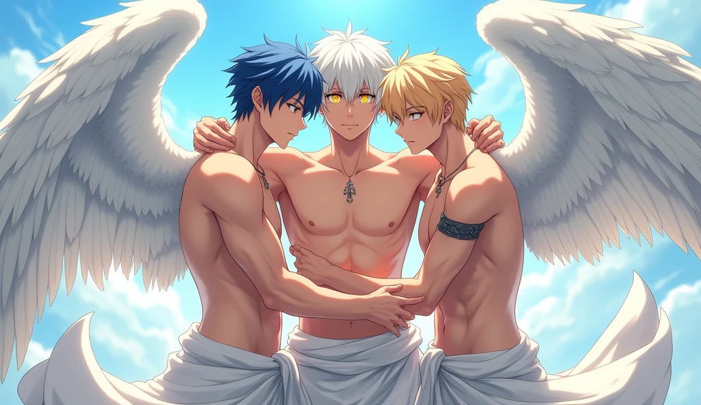 gay couple, boy x boy, coquettish and beautiful boy with blond hair and red eyes, handsome and muscular boy with white hair and green eyes and elf ears, kissing, beautiful boy is an incubus, handsome boy is blushing and in love, gay couple, romantic couple, hand under chin, long hair, naked, the white hair with tanned skin, short and cute blond boy, hot and tall white-haired boy, NSFW, hot, sexy