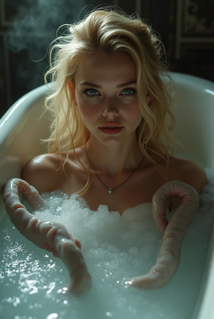 a naked woman sitting in a bathroom next to a sink, rias gremory, highly detailed 8k photo realistic, katarina, long wavy voluminous blonde hair, very sweaty, ito, by Nagasawa Rosetsu, spunky