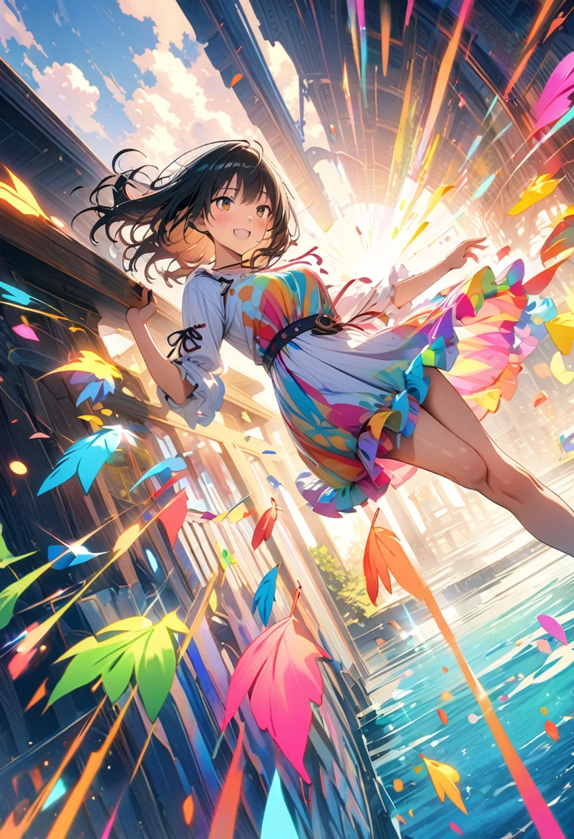 (masterpiece, Highest quality, Official Art:1.2), (colorful), Looking at the audience, One Girl, alone, White Background, floating colorful water, Ultra-fine illustrations, highly detailed, Dynamic Angle, beautiful detailed, 8k, break smiling amidst the colorful scenes, (Highest quality, masterpiece, High resolution, detailed), Anime Style, (Shining Eyes, detailed美しい顔), break,Dynamic Angle