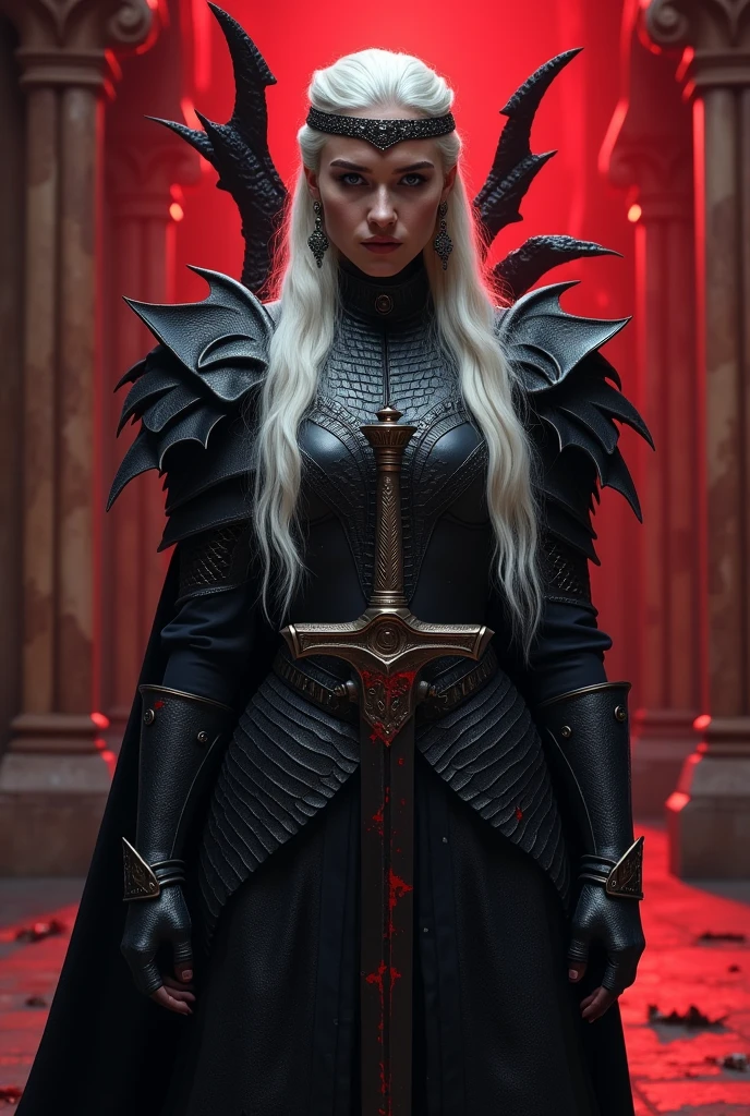 The boss in the princess's body wears a dress that leaves the belly exposed through a circle-shaped cut in the dress and his red eyes are seen facing the knight.