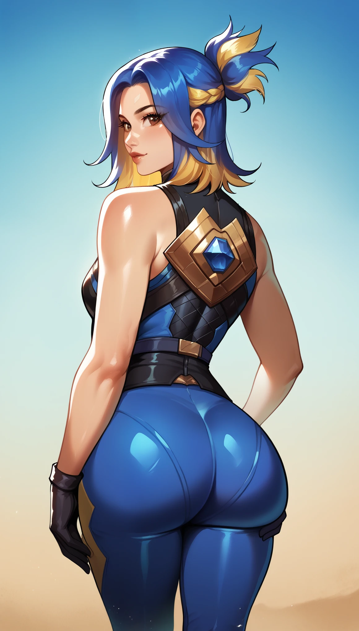 score_9, score_8_up, score_7_up, detailed face, beautiful, detailed background, masterpiece, best quality, looking at viewer,  neonSDXL,1girl,solo,blue hair,yellow hair,multicolred hair,gloves,bare shoulders,brown eyes, leather pants, from behind, big ass, hourglass figure, on beach, cowboy shot, skinny, shiny clothes