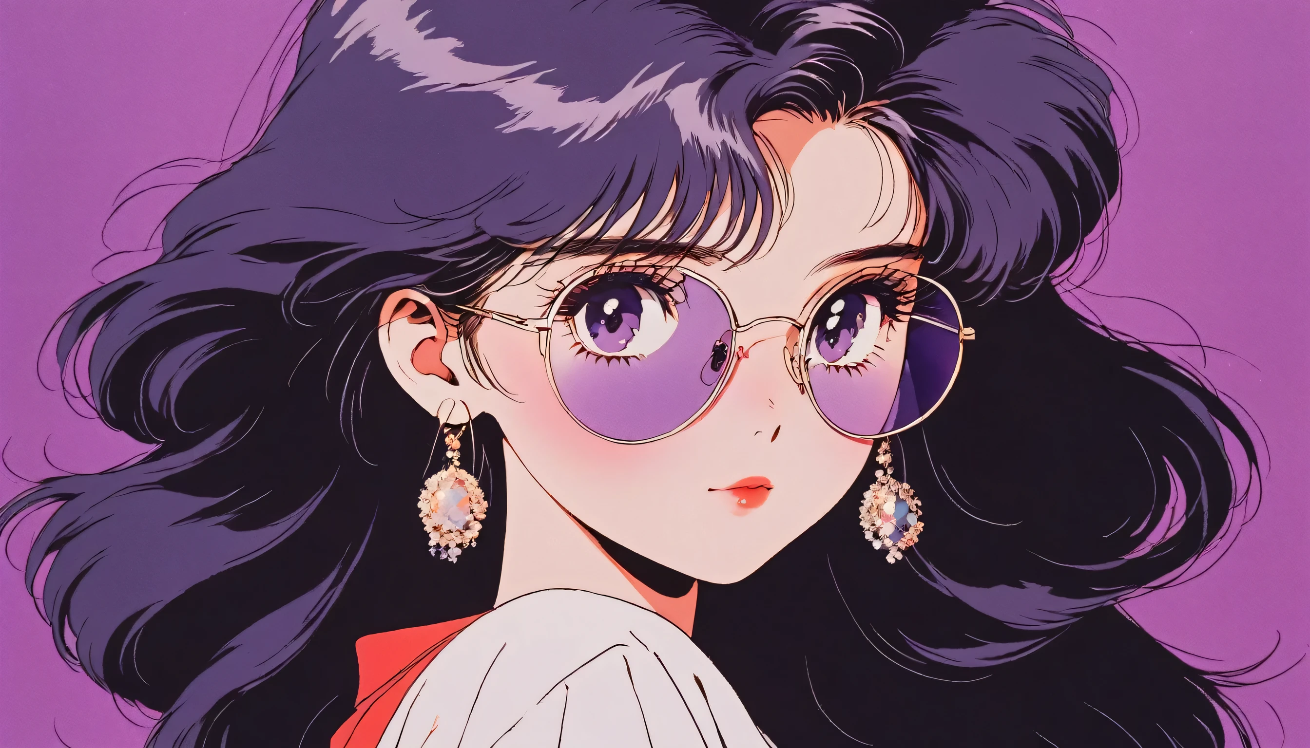 90’s anime style, 1990s style, clear, 1980s style, (blush:1.7), the highest quality, 8k, 1 woman, Only, lofi girl, lofi art, lofi feeling, looking at the viewer, very big eyes, wearing 1980s clothes, upper shot, close up, smiling, light brown eyes, skin white as snow, sparkling eyes, dark purple hair, ponytail hair, anime girl wearing sunglasses, solid red background with no other elements