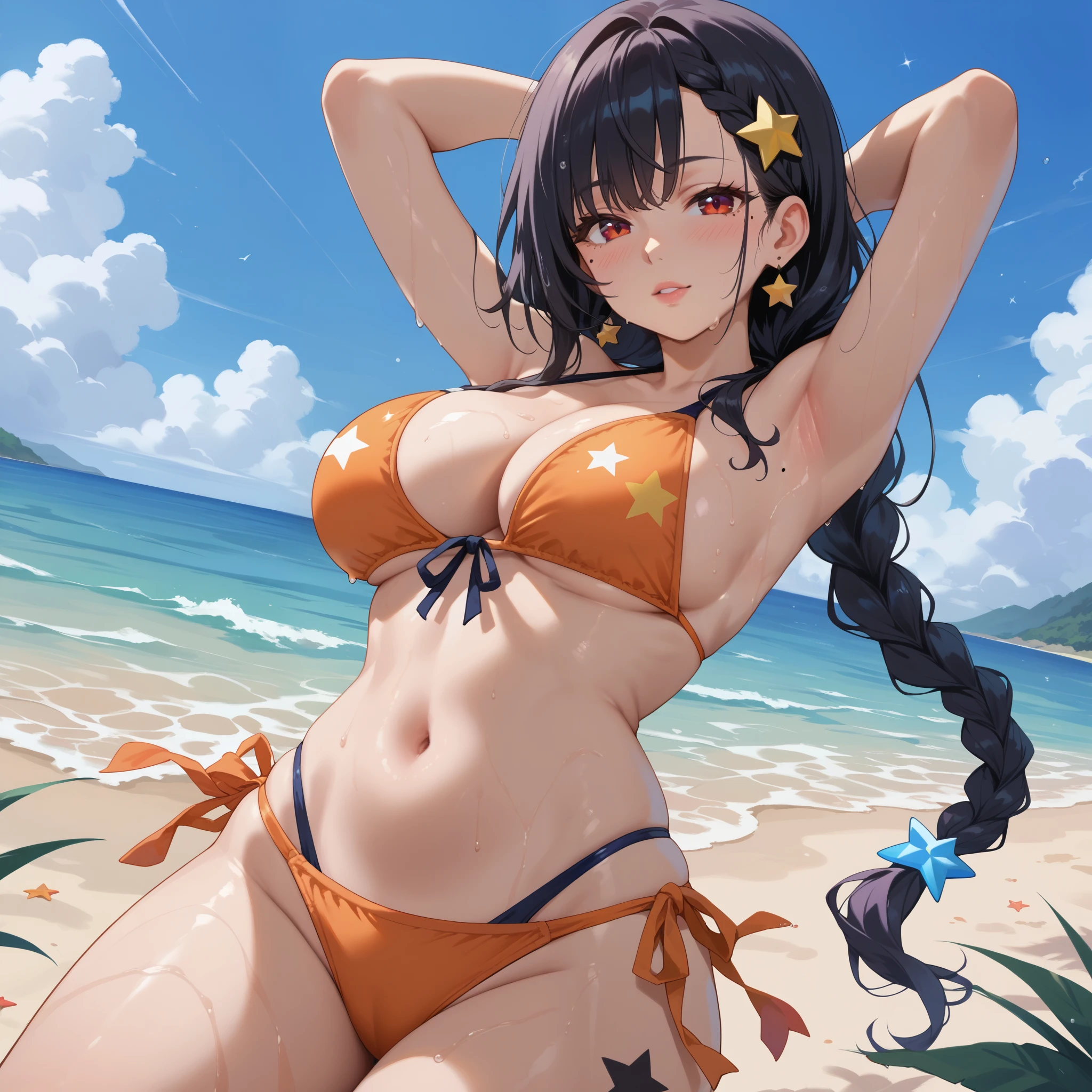 1girl, armpits, arms behind head, arms up, bikini, black hair, blush, braid, breasts, cleavage, hair ornament, large breasts, long hair, mole, mole under eye, navel, ocean, orange bikini, presenting armpit, red eyes, sideboob, star (symbol), star hair ornament, stomach, swimsuit, tattoo, thighs, wet