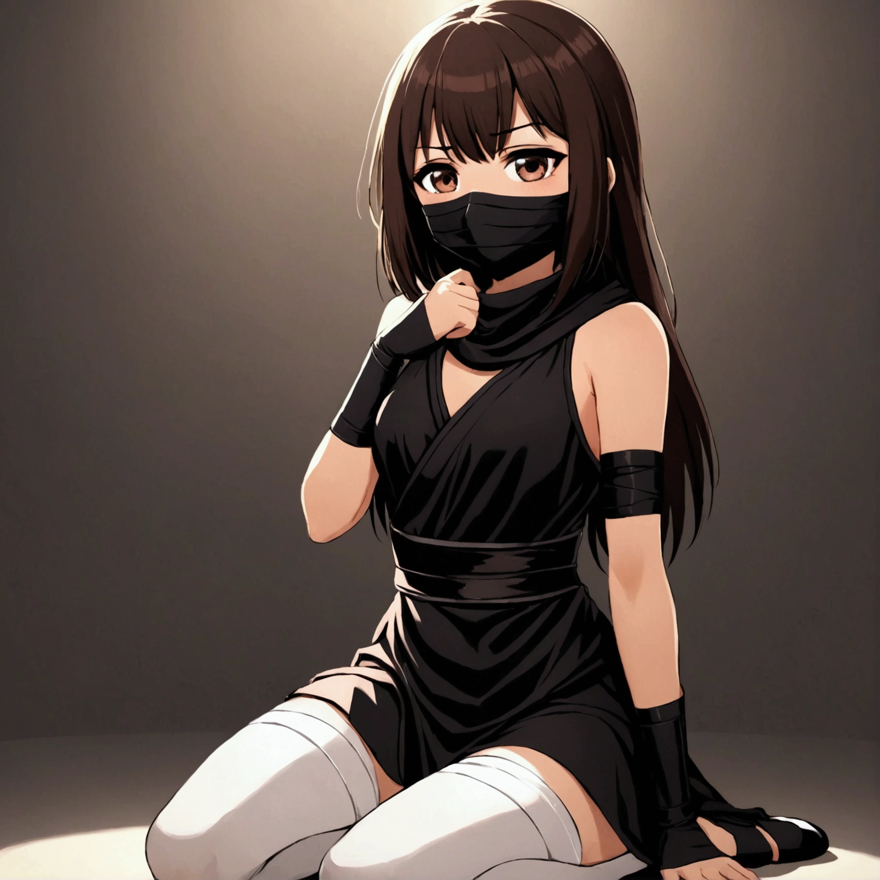 ((1 girl)), ((twin tails)), ((simple_background)), ((concrete floor, concrete wall)), ((dark empty room)), ((bondage)), ((arms behind back)), ((scowl)), ((sitting on the knees)), ((mouth close)), ((mouth gagged)), ((tape gag)), ((Rope bondage)), ((The rope is wrapped around the body multiple times.)), (restrained tightly), ((helpless)), ((calm)), (tank top armor, tights pants, long black pants, sports shoes)