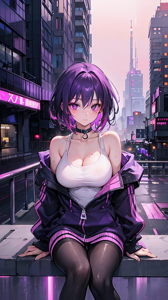 (masterpiece, Highest quality, Super detailed, 8k wallpaper, Realistic), 1 Girl, Curvaceous yet slender body, Big Breasts, Colorful printed micro bikini top, Fleece jacket, Shorts, Knee socks, Bangles, choker, Backpack, street, Street lamp, Late Night,(Purple Hair,Twin tails:1.4),(Red eyes,Shining Eyes:1.5), Droopy eyes,Big eyes,(Portraiture:1.7), Grin