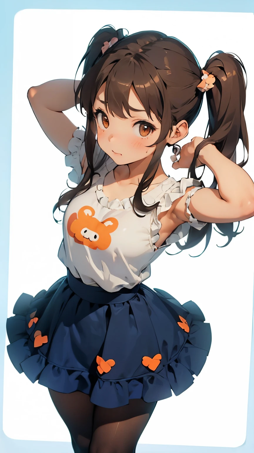 (Viewer discretion advised:1.1), (Very cute illustration:1.1),Brown Hair, Brown eyes, Long Hair, Twin tails, Hair accessories, Put your arms behind your head, Underarm, Embarrassing, Cry, Sleeveless, Removable sleeve, bedroom, Seduce, squat, Spread your legs, pantyhose, Lots of frills、Gorgeous idol costume in orange and blue, Sleeveless, Removable sleeve, Open the chest, Baby Face, Cute round face,
