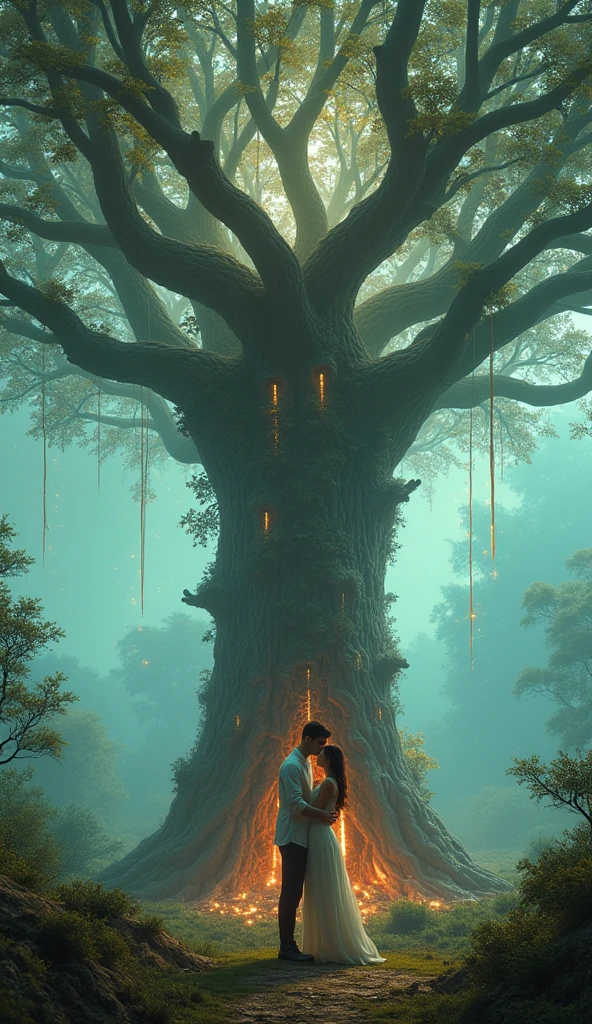 woman and man climbing a tree with a door