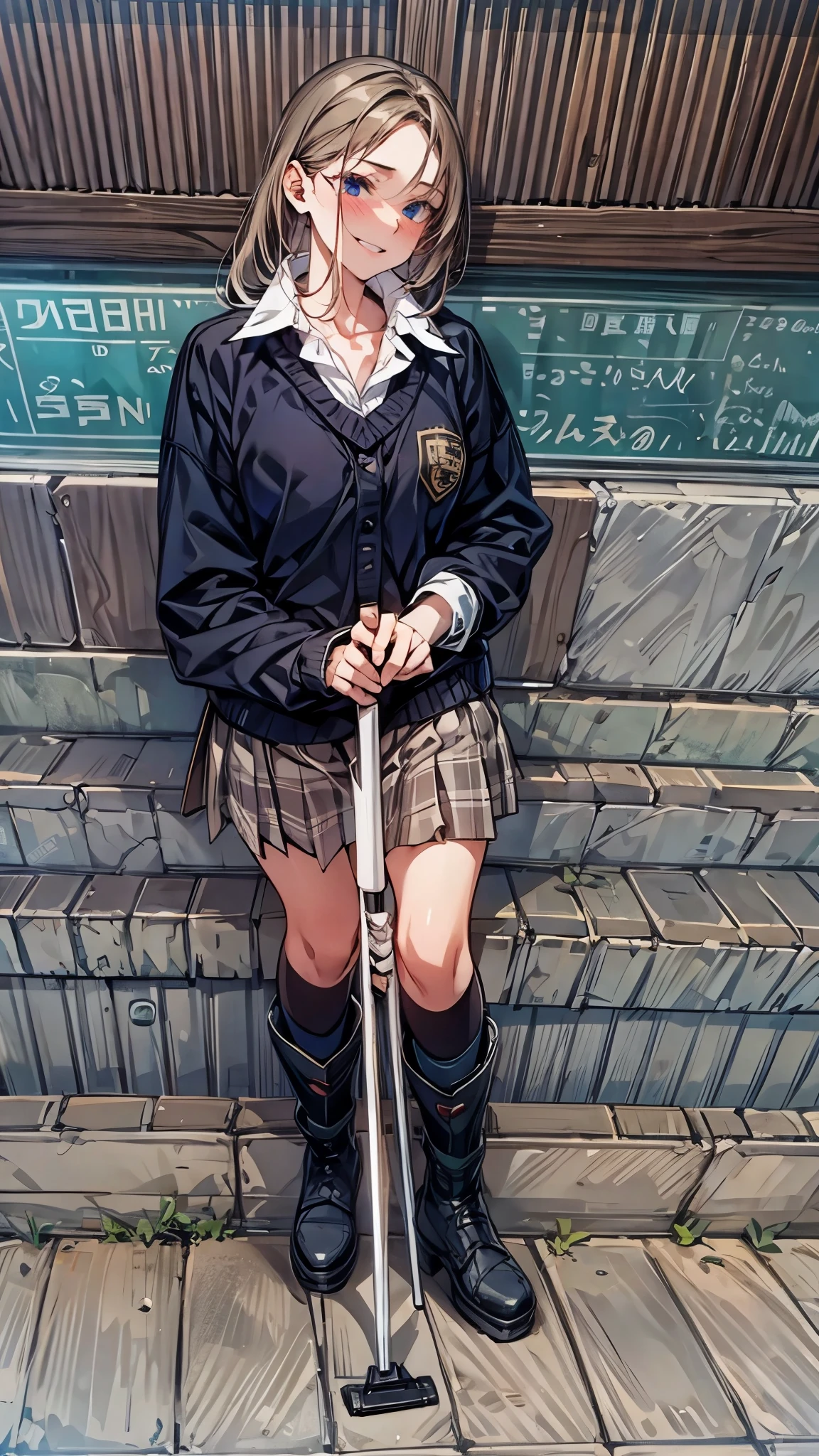 one disabled beautiful girl,1 girl,high school uniform,Beautiful girl with a broken leg and crutch,disabled leg,thin body,Lean on a cane, With a cane,medical, Carrying a walking stick, leg brace, Leg and thigh shots, Really great images, Leg shots,smile, Blushing, boots with leg brace,