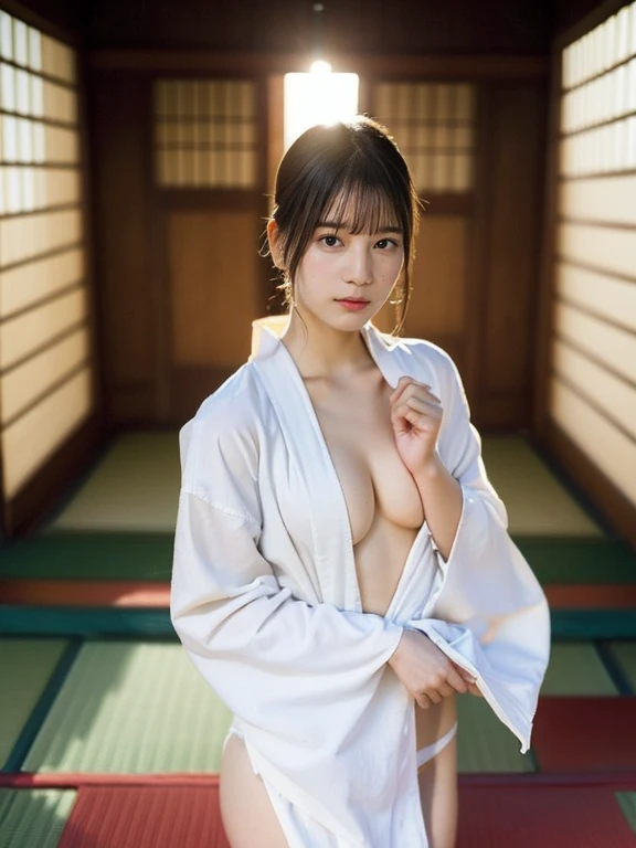 (highest quality,masterpiece:1.3,ultra high resolution),(Super detailed,caustics,8k),(photorealistic:1.4,RAW shooting),1girl,(look down at the camera),(front shot:1.1),(face forward),1,cute,Japanese,(She is pulling her kimono over her head, )), ((panties)),(small breasts:1.4),(close up),(breast focus),street,sunshine,Natural light,(Backlight),(A bright light shines from behind),(Lens flare),professional writing,(cowboy shot),(low position:1.3),sad