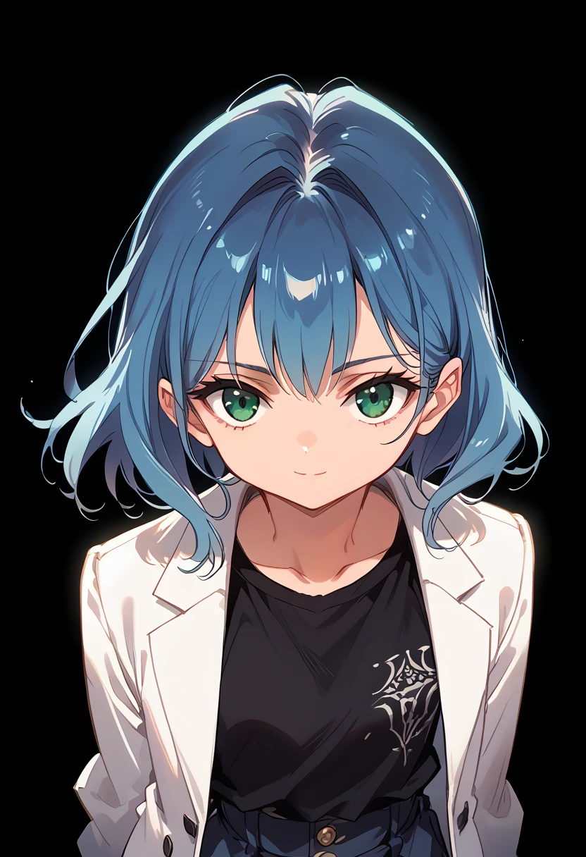 masterpiece, best quality, ((1 person)),blue hair,green eyes,serious expression, smiling,above the waist,line art,medium hair,white blazer,black T-shirt,expressionless eyes,((Style by Taita Kubo))