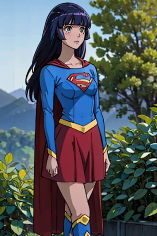 Aoki Reika, known for her calm demeanor and flowing dark blue hair, radiates both grace and strength in the classic Supergirl costume. The costume includes the iconic blue top with the bold red and yellow 'S' emblem proudly displayed on her chest, symbolizing her inner strength and heroic spirit. A vibrant red cape flows elegantly from her shoulders, adding a dynamic touch to her already graceful presence. The ensemble is completed with a red skirt and matching knee-high boots, enhancing her poised and dignified appearance. Reika's typically serene expression now carries a determined and courageous look, blending her thoughtful nature with the empowering essence of Supergirl. This transformation showcases her inner bravery and the heroism that lies within her gentle and wise heart.