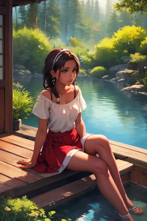 work of art, Sitting with legs crossed,  Sideways glance, sashatftb, green eyes, dark skin, 1 girl, standing alone, jewerly, aretes, mulher de dark skin, brown hair, dreadlocks, hair band, ironed clothes, sunglasses around the neck, diaphragm, へそ, short top, Asian Zen Garden with Koi Pond