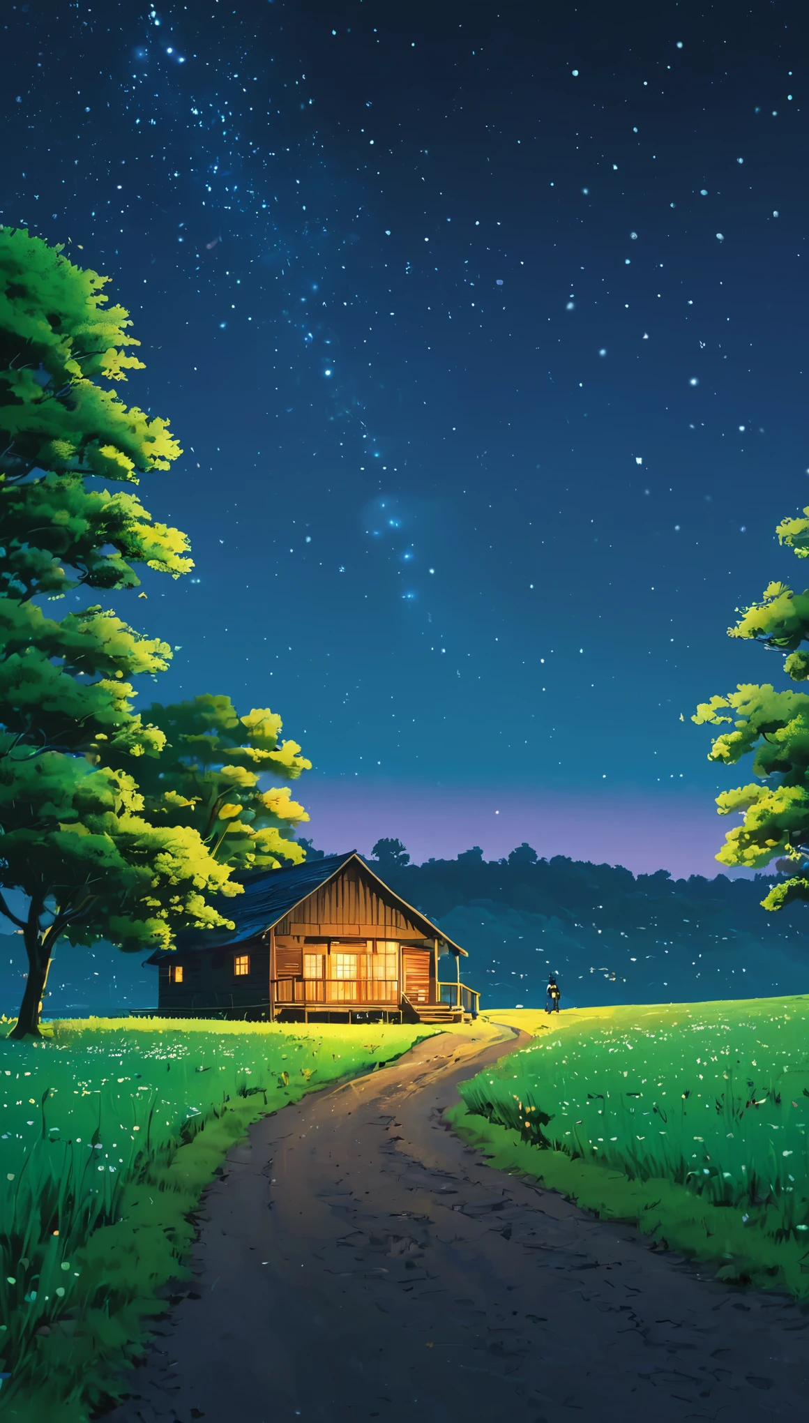 Draw a simple Tintin style art of a big lonely tree !!!   cabin road meadow night!!!    fireflies!!!   animated background, beautiful animated landscape, beautiful anime scene, animated landscape, animated landscape, animated landscape wallpaper, Makoto Shinkai!, anime beautiful peace scene, anime countryside landscape, animated background art, Makoto Shinkai!!, anime movie background best quality best of SeaArt HD