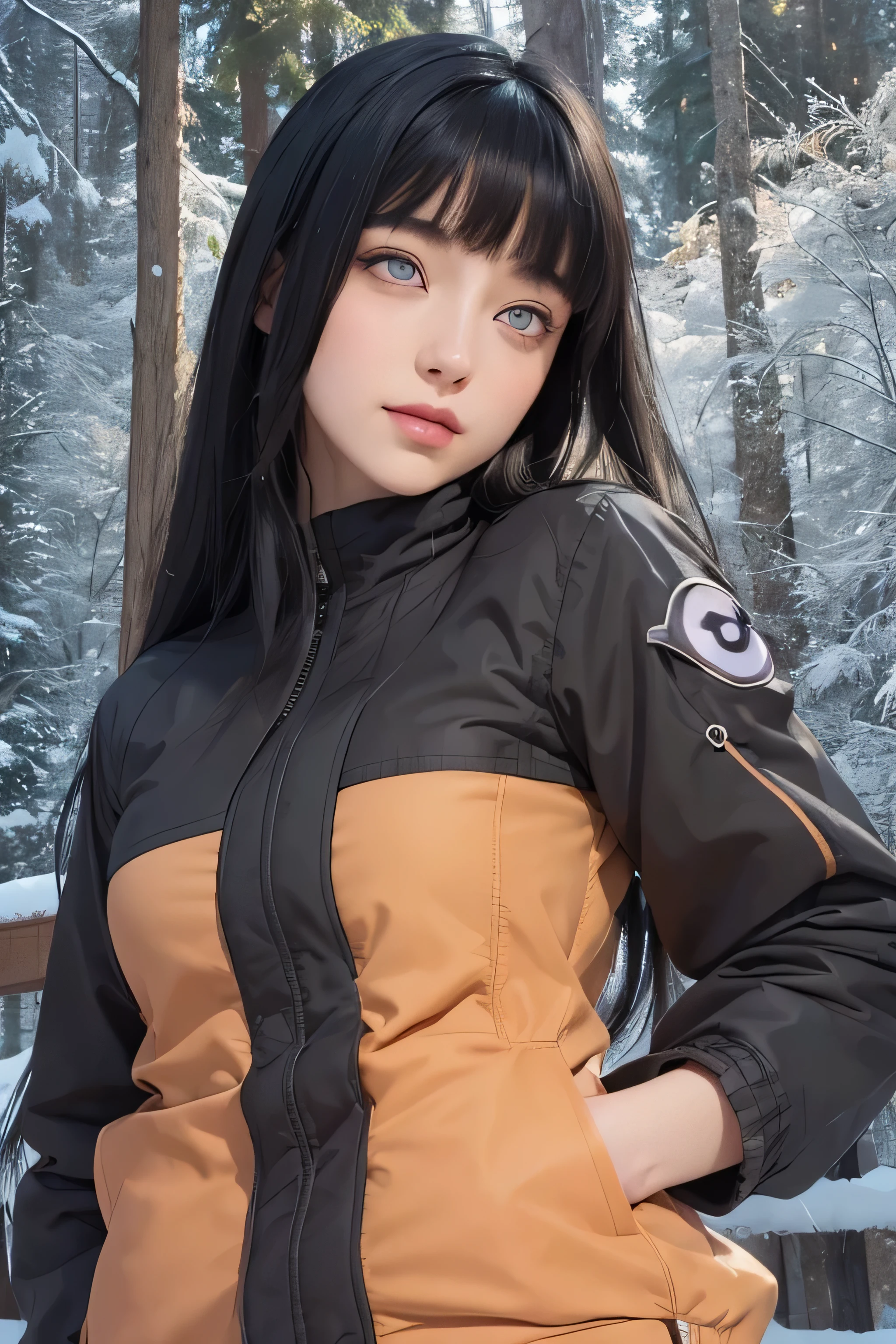 masterpiece, best quality, (realistic,photo-realistic:1.4), (RAW photo:1.2), extremely detailed CG unity 8k wallpaper, delicate and beautiful, amazing,finely detail, official art, absurdres, incredibly absurdres, huge filesize, ultra-detailed,extremely detailed eyes and face,light on face,hinata,(little smile),(black hair:1.4),(long hair:1.3),(wearing jacket:1.4),(winter backgrouund:1.4),(byakugan eyes:1.5),navel