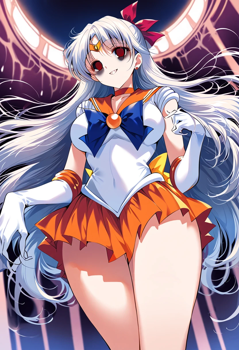 (masterpiece, Highest quality, so beautiful, Very detailed), Intricate details, 12k, Honestly,Awe-inspiring, Long Hair, Blonde, Hair Ribbon, tiara, Earrings, blue eyes, Orange Choker, Orange sailor collar, Blue ribbon, White shirt, Elbow hand pockets, White gloves, Pleated skirt, Orange Skirt, barefoot, Are standing, Cowboy Shot,,(Wicked Smile:1.2), One person,(Silver Hair:1.4),(Hollow Eyes,:1.4),From below,Watching the dawn,Dark aura,View your audience,Big Breasts