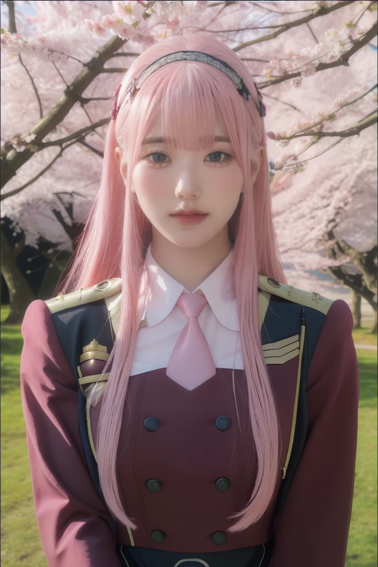 ((best quality)),((highly detailed)),masterpiece,absurdres,detailed face,beautiful face,((detailed eyes, deep eyes)),(1girl),((dynamic pose)),   Zero_Two, 1girl, solo, long hair, pink hair, military uniform, uniform, straight hair, military, green eyes, bangs, closed mouth, upper body, jacket, long sleeves, eyeshadow, tree, short necktie, very long hair, looking to the side, necktie, makeup, looking away, horns, outdoors, double-breasted, blunt bangs, breasts, shirt, buttons, blue eyes, shiny hair, day, cherry blossoms flowing, cherry blossom background ,((Pink hair)), (a horn on her head)