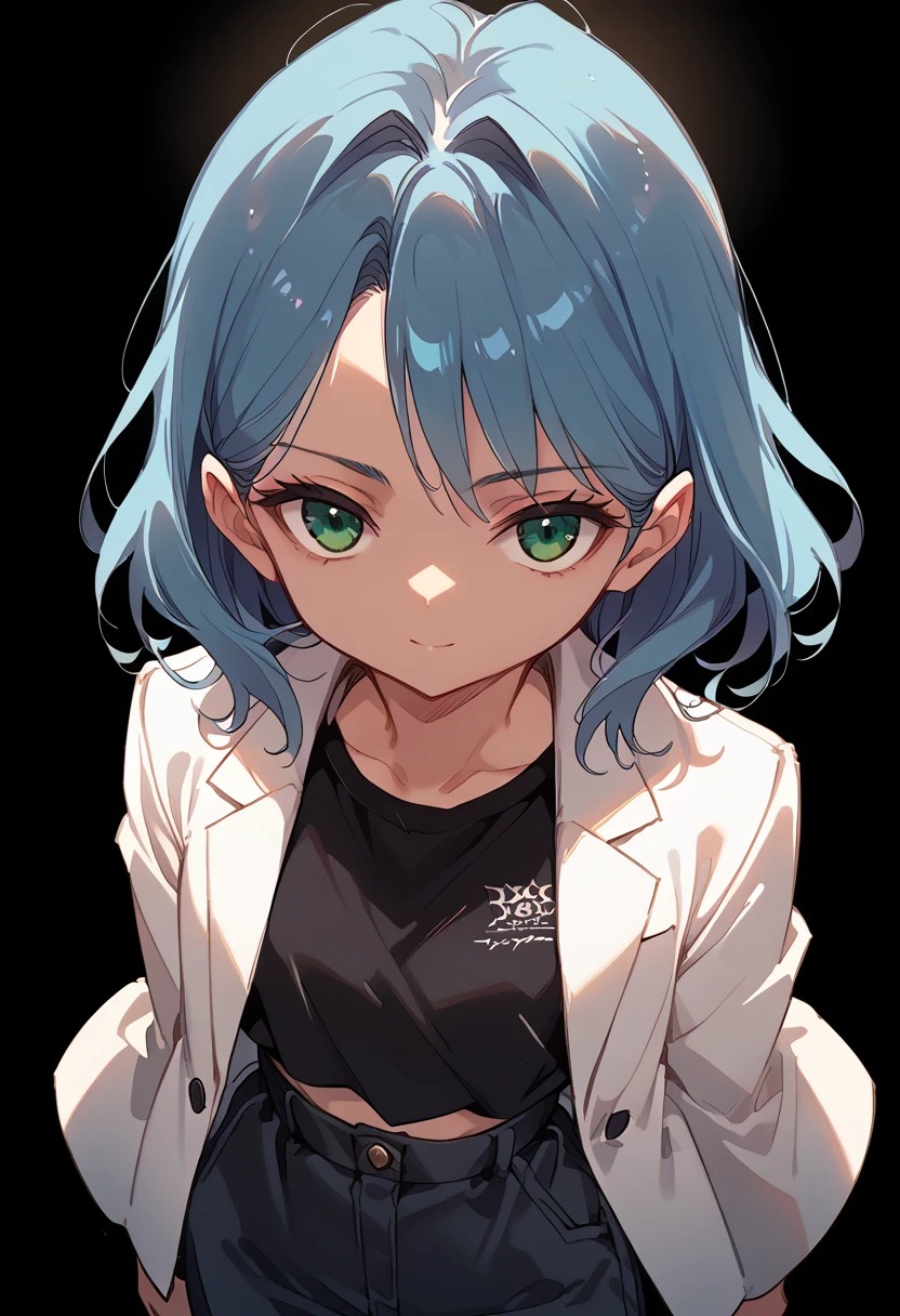 masterpiece, best quality, ((1 person)),blue hair,green eyes,serious expression, smiling,above the waist,line art,medium hair,white blazer,black T-shirt,expressionless eyes,((Style by Taita Kubo))