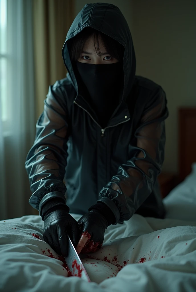 korean girl, (behind stiff, holding knife), stabbing, black balaclava mask, black gloves, white room, black raincoat, black wet suit, trucker hat, bloody knife, black gloves,, woman on top, behind cadaver, blood splatter, on the bed, girl only, looking at viewer, mass murderer, killer, blood splatter, atmospheric realistic, light from the window,