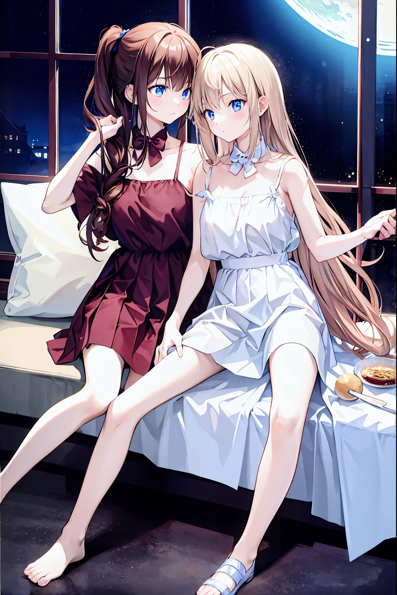 -Yuri , plural, 2 people, Yuri, dress, sofa, Long Hair, kiss, plant, Eyes closed, window, indoor, Sitting, Blurred foreground, on sofa, white dress, Blurred, Exposing shoulders, moon, potted plant, Written boundary depth, Sleeveless dress, Blonde, Sleeveless, chest, black dress, Black Hair, pillow, Bottle, Bare arms, full moon, night, Book, blush, very Long Hair, clavicle, The legs stick out from the frame, chestの谷間, cup, bangs, null, Brown Hair, medium chest, Wavy Hair, curtain, Spaghetti Straps, cushion, Particles of light, profile，high school girl ，、Brown Hairのポニーテール，フレンチ・kiss, barefoot，Underwear is visible，Put your fingers in your crotch，小さいchest，Small Ass，beautiful profile，Clear limbs，Distinctive nose bridge，Anatomically correct limbs