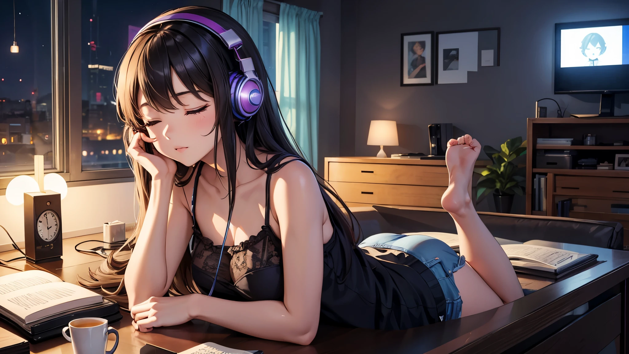 Girl with headphones enjoying music in a home　I am studying　Emphasize a little bit of the big chest　Looking towards me with eyes closed　Night Background