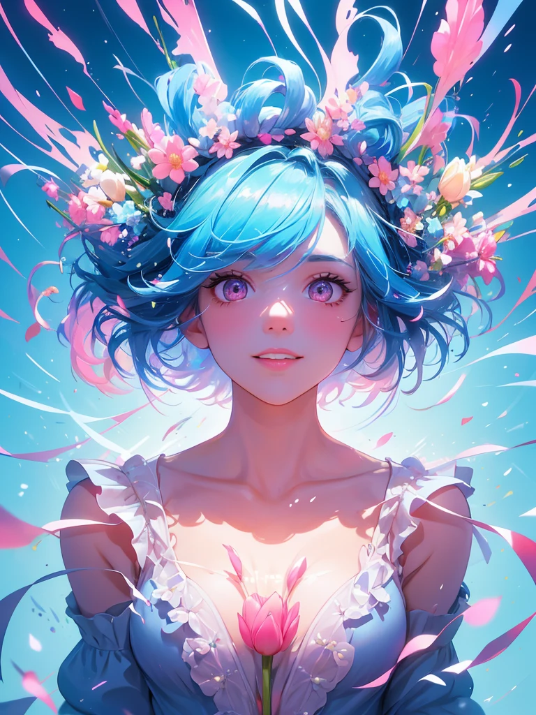 An anime girl, upper body, ambient light, Harajuku fashion, flowers, fusion of fluid abstract art, glitch, fusion of limited color, geometric art style of Hannah Yata