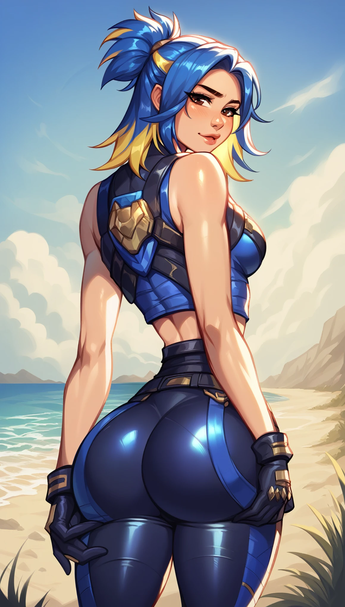 score_9, score_8_up, score_7_up, detailed face, beautiful, detailed background, masterpiece, best quality, looking at viewer,  neonSDXL,1girl,solo,blue hair,yellow hair,multicolred hair,gloves,bare shoulders,brown eyes, black leather pants, from behind, big ass, hourglass figure, on beach, cowboy shot, skinny, shiny clothes