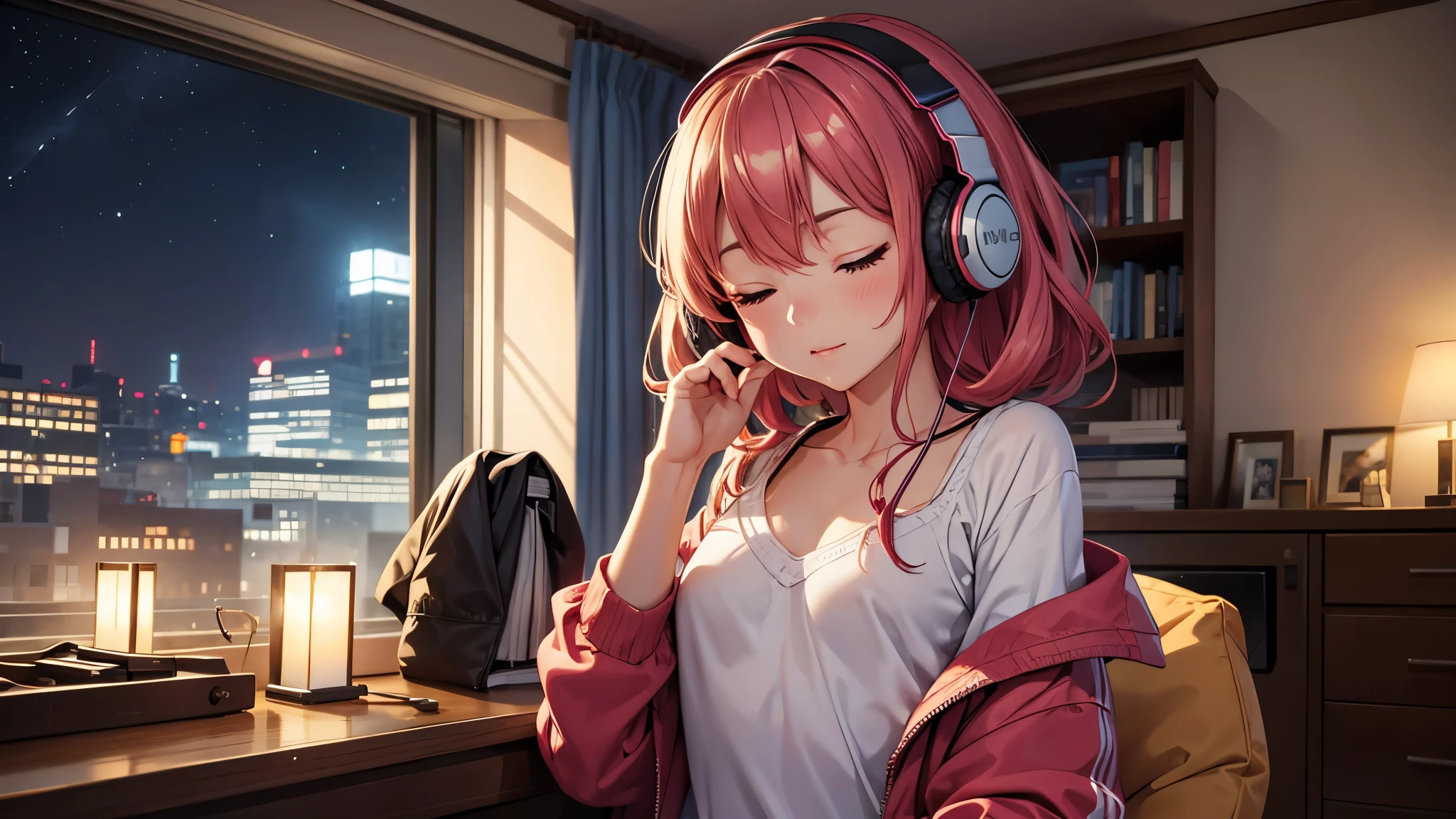 Girl with headphones enjoying music in a home I am studying Emphasize a little bit of the big chest Looking towards me with eyes closed Night Background