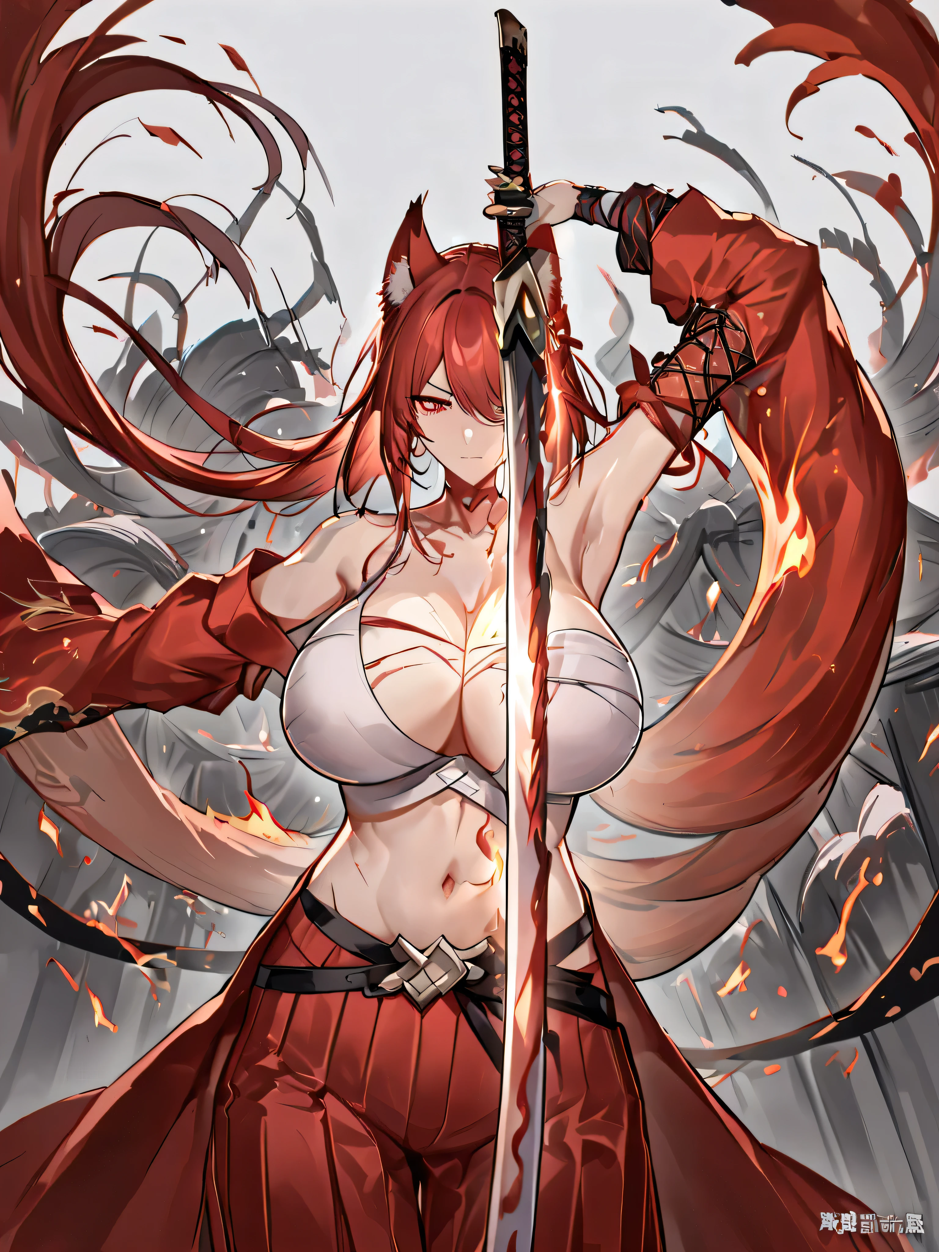  8K Best quality Masterpiece Close Red long ponytail Red fox ears Nine-tailed fox Very large breasts Red eyeshadow on lower eyelids Five fingers Alluring Japanese style Kimono Wearing a red jacket Long hakama Toned body Flame hell Japanese sword with a red blade burning red Fighting Burning background Drawing the sword Samurai Fighting with a Japanese sword One-sword style Flame hell Wrapped in lightning Wrapped in flames Alluring Little exposure Kimono Long skirt Upper cut Nine-tailed fox Older sister Explosive flames Crimson flames Japanese style background Intense fighting Bankai Special move