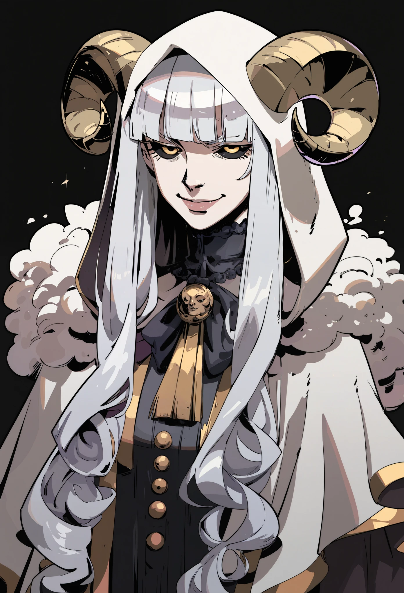 Masterpiece, best quality, score_9, score_8_up, score_7_up, score_6_up, hds style, cel shading, linear hatching, 1girl, solo, curled black horns, white sheep ears, white hair, long hair, hime cut, sheep horns, yellow eyes, (black sclera), evil smile, smug, small breasts, standing, white hooded cultist cloak, hood off, old fashioned, black victorian dress beneath, black background, simple background, upper body, best quality
