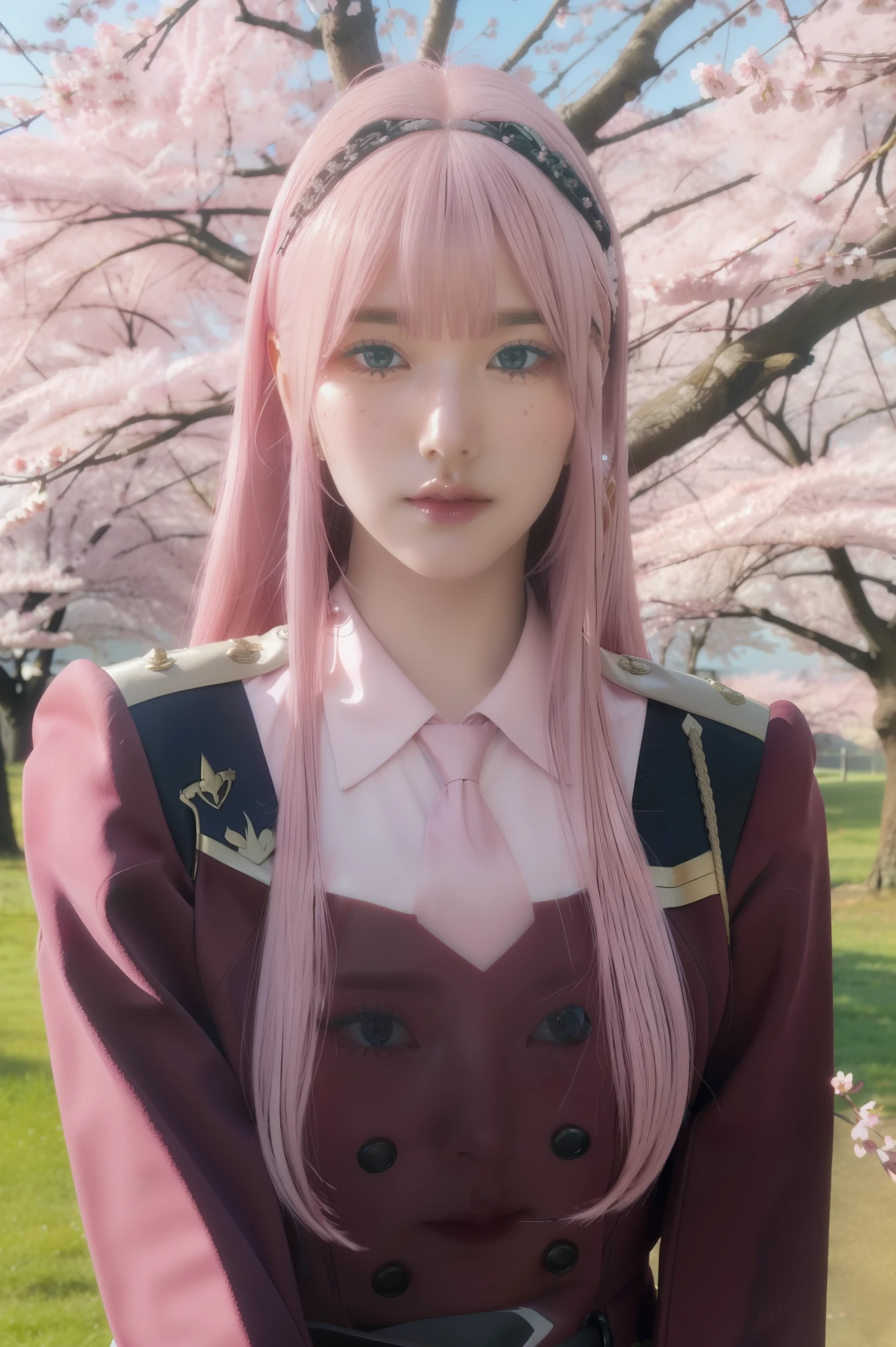 ((best quality)),((highly detailed)),masterpiece,absurdres,detailed face,beautiful face,((detailed eyes, deep eyes)),(1girl),((dynamic pose)),   Zero_Two, 1girl, solo, long hair, pink hair, military uniform, uniform, straight hair, military, green eyes, bangs, closed mouth, upper body, jacket, long sleeves, eyeshadow, tree, short necktie, very long hair, looking to the side, necktie, makeup, looking away, horns, outdoors, double-breasted, blunt bangs, breasts, shirt, buttons, blue eyes, shiny hair, day, cherry blossoms flowing, cherry blossom background ,((Pink hair))