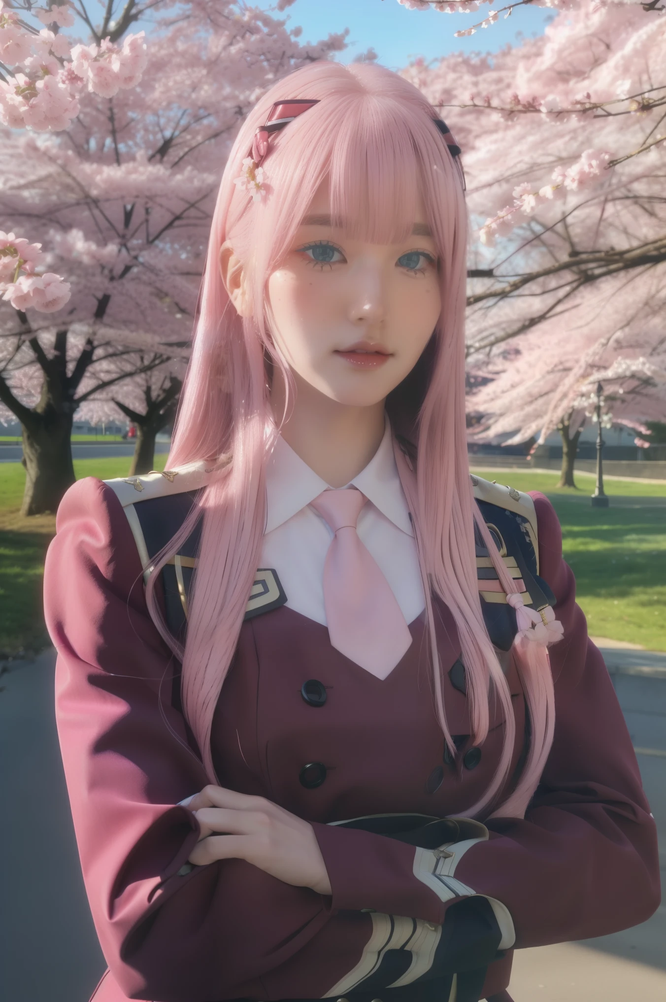 ((best quality)),((highly detailed)),masterpiece,absurdres,detailed face,beautiful face,((detailed eyes, deep eyes)),(1girl),((dynamic pose)),   Zero_Two, 1girl, solo, long hair, pink hair, military uniform, uniform, straight hair, military, green eyes, bangs, closed mouth, upper body, jacket, long sleeves, eyeshadow, tree, short necktie, very long hair, looking to the side, necktie, makeup, looking away, horns, outdoors, double-breasted, blunt bangs, breasts, shirt, buttons, blue eyes, shiny hair, day, cherry blossoms flowing, cherry blossom background ,((Pink hair))