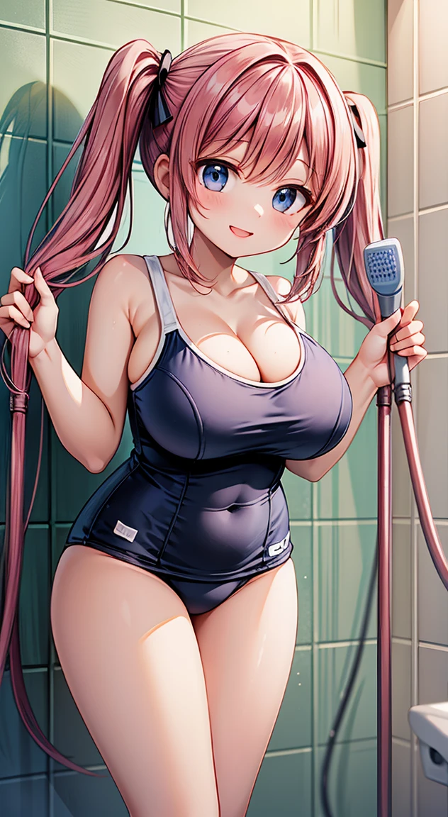 (masutepiece、Best Quality)、Shower room、shower from shower head、Kuramochi Meruto、1girl in、drenched body、water droplets in the valley、Beautiful eyes、Well-formed face、fullnude、Taking it off、unwear、very large udder、Big and beautiful nipples、Beautiful areola、beauty legs、Beautiful、is standing、taking shower、blushed face、narrow her eyes、shame、