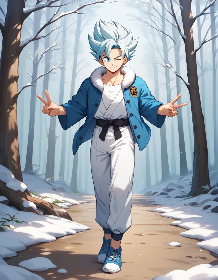 1 man, early 20s, handsome, muscular, slim, silver blue ombre hair, Saiyan style hair, blue eyes, blue jacket with fur hood, white shirt, white martial arts pants, blue sneakers, snowy forest, one eye closed, smiling, peace symbol, head slightly tilted, BREAK (masterpiece:1.2), best quality, high resolution, unity 8k wallpaper, (illustration:1.3), (beautiful detailed eyes:1.2), extremely detailed face, perfect lighting, extremely detailed CG, (perfect hands, perfect anatomy)