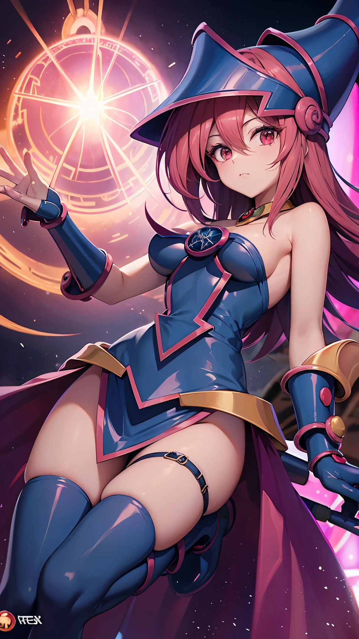 black magician girl、super chestousthick、by rubio、magic circle、8k, 4k, of the highest quality, high resolution: 1.2),flicker、an exposed breast、cute anime face、Pink blush on the cheeks.、noise removal、Leotard that bites、have a cane、Hold your cane、back view、turn around、Full length portrait、T-back that digs into your butt、full body gun showing a lot of breasts and buttocks