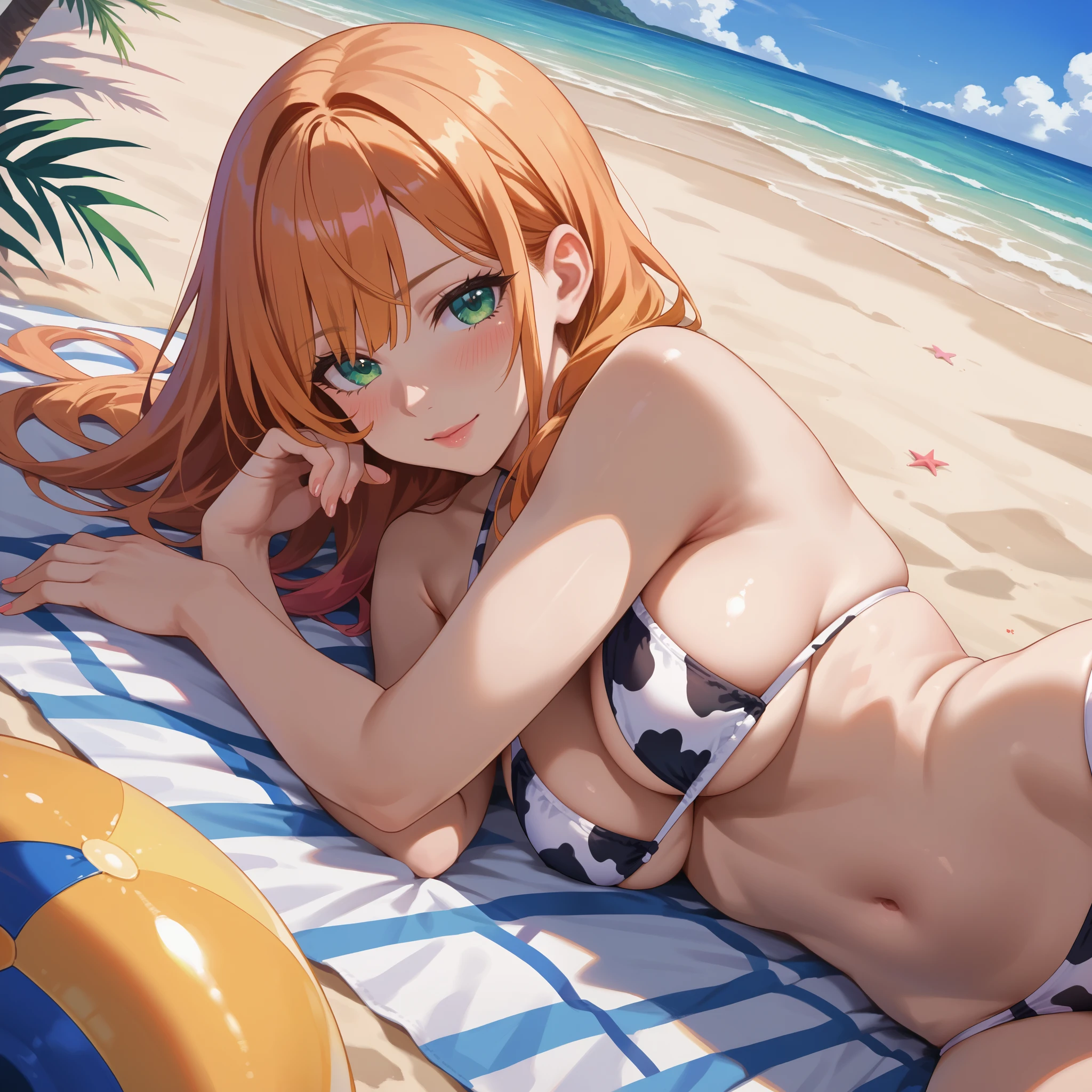 nsfw, best quality, official art, masterpiece, textile shading, HDR, very detailed, colorful, best details, (Adult,19 years old, One Girl, alone, yuuki asuna, hentai:1.5, bitch, long hair, curly hair, brown hair, cow print bikini:1.5, medium breast, skinny, cameltoe:1.5, blue eye, public indecency:1.5, beach:1.5, contemptuous,