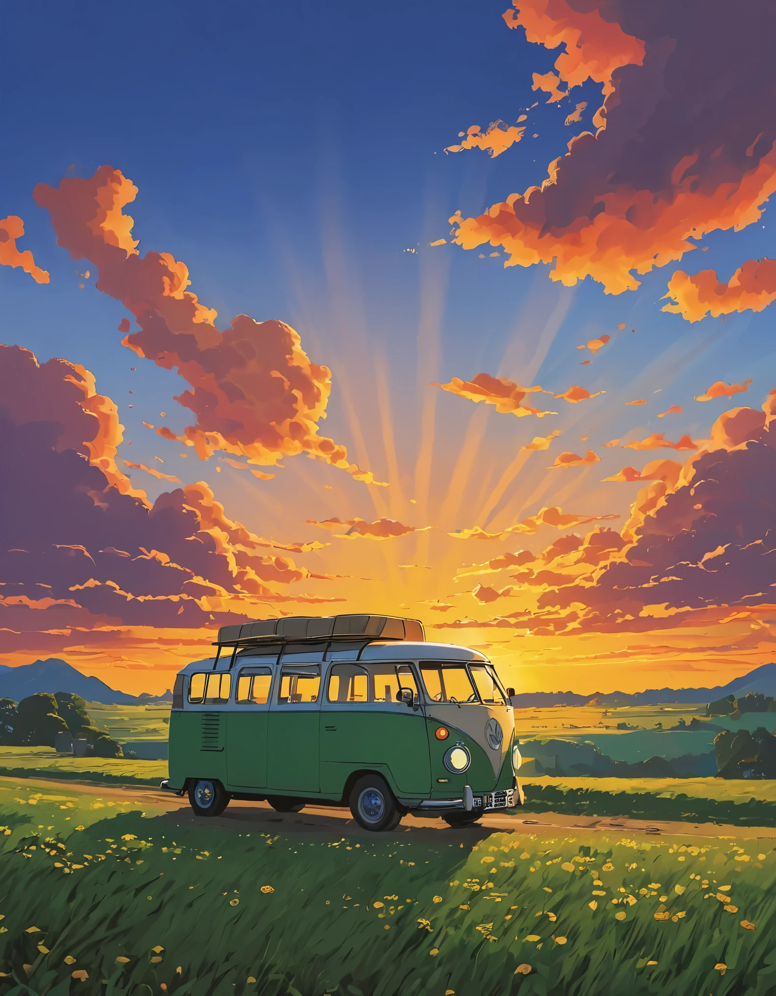 (Minimalism:1.4), Draw a simple Tintin style art a minibus camping sunset clouds , studio ghibli art, miyazaki,  , Makoto Shinkai!!, anime movie background best quality best of SeaArt HD
