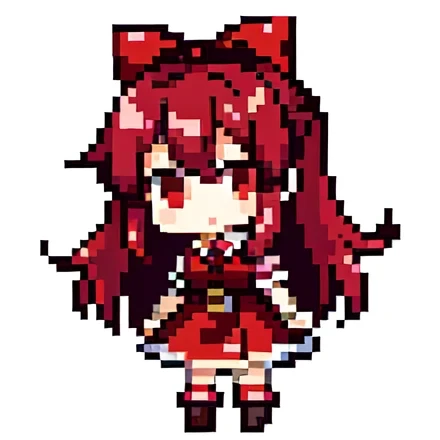 A pixel art illustration of a young very small small-**** girl with long, dark red hair tied with a red bow, wearing a red dress with a dark red wrap belt with a white collar and dark brown boots, Anatomically Correct, Breasts, Large breasts, 4girls, 64 x 64 character size, low resolution, facing forward, short, ****ta, bigger head,Looking at viewer, 