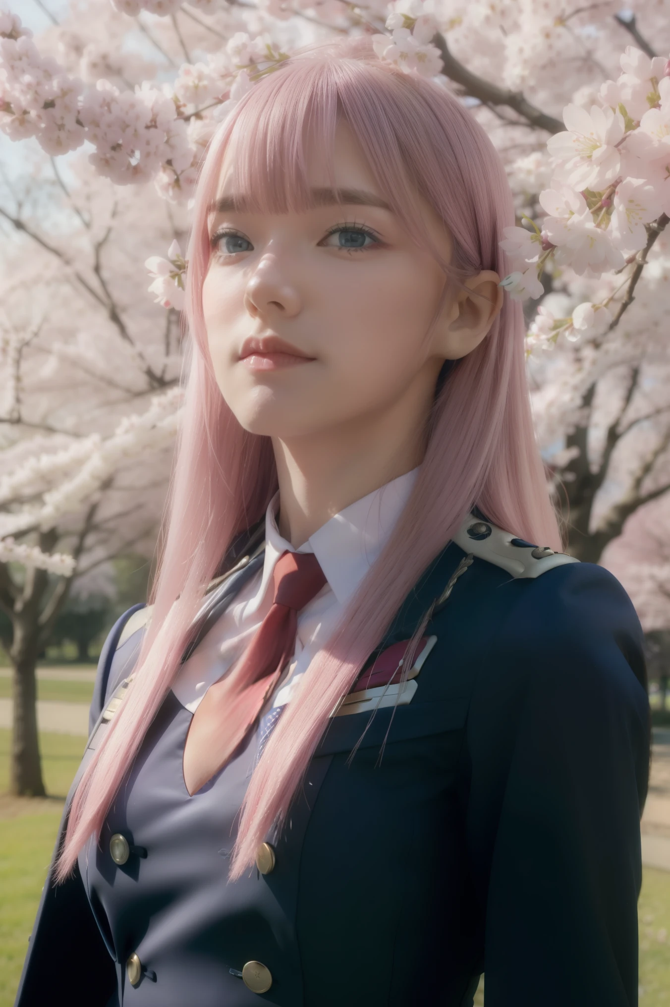 ((best quality)),((highly detailed)),masterpiece,absurdres,detailed face,beautiful face,((detailed eyes, deep eyes)),(1girl),((dynamic pose)),   Zero_Two, 1girl, solo, long hair, pink hair, military uniform, uniform, straight hair, military, green eyes, bangs, closed mouth, upper body, jacket, long sleeves, eyeshadow, tree, short necktie, very long hair, looking to the side, necktie, makeup, looking away, horns, outdoors, double-breasted, blunt bangs, breasts, shirt, buttons, blue eyes, shiny hair, day, cherry blossoms flowing, cherry blossom background