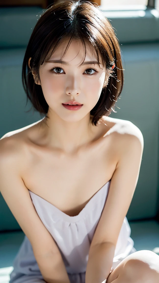 incredibly absurd, beautiful and cute 20-year-old Korean girl with a photorealistic face, showcasing top-quality craftsmanship. Her slender frame adorned with short, messy hair. The artwork high-resolution, allowing for ultra-detailed features to be captured flawlessly. The girl depicted naked. The focus lies on the realistic pupils, showcasing depth and emotion. ((breasts out))