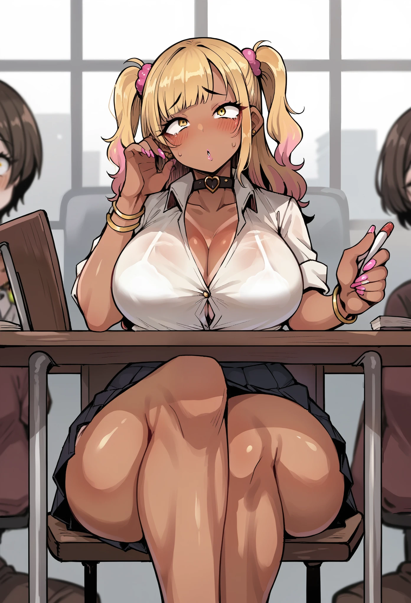 Score_9,Score_8,score_7_up,source_anime, rating_questionable, (under the desk view),
((sexy girl, gyaru)), bimbo, cute, classroom, sitting on chair, desk front panty shot,
pale skin, gyaru clothes, pleated skirt,
glamorous, blushing, flushed face, yellow eyes, two side up blonde hair, tan lines,