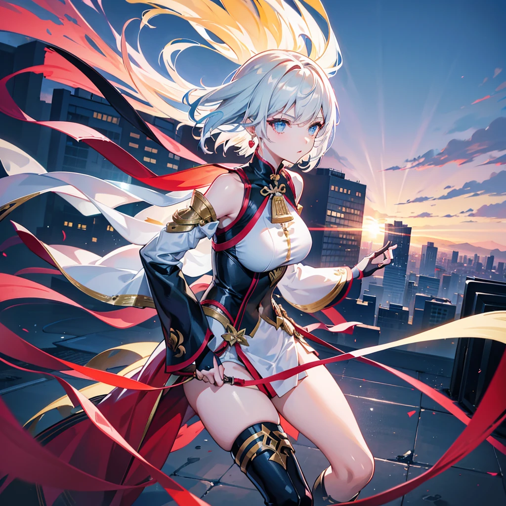 

A woman with short hair and a dynamic hairstyle, Wears a futuristic black and white outfit with gold and red accents, Includes armor-like shoulder pads and strategic fastenings. She puts one hand on her hip、Standing confidently with the other hand slightly extended。, Looking into the distance. The background shows a desolate landscape with broken high-rise buildings., Streets etc., Beautifully illuminated sky at sunset, Create a vibrant and warm atmosphere. Light comes from the left, Cast a dramatic shadow、emphasize her strength, Powerful pose. In a scene captured from a low angle、, Focus on her, The background is a bit blurred, Show a shallow depth of field.Anime girl in a short skirt and black top, Ayaka Genshin Impact, Amazing anime 8k, Best anime 4k konachan wallpaper, Trending on ArtStation and pixiv, Portrait of a female anime hero, Highly detailed official artwork, Female Action Anime Girl, Anime Wallpaper 4K, 4K Anime Wallpapers, anime art wallpaper 4k、One light blue teardrop-shaped earring on the left ear only.8、