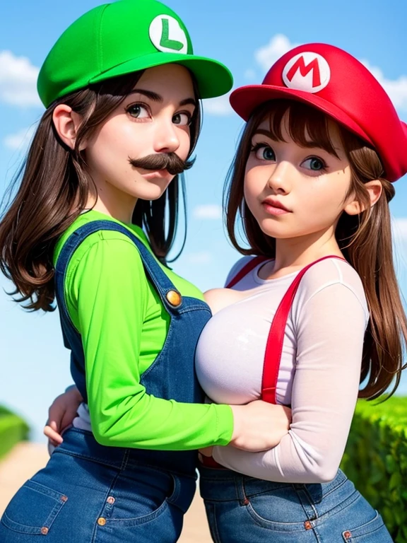 2 girls line up, (girl cosplaying as Mario and girl cosplaying as Luigi, a girl dressed as Mario has brown bob hair and Brown big eyes:1.4, super cute slightly round face, is wearing Mario's red Casquette, a red shirt, blue overalls, and white gloves), (the other 1 girl dressed as Luigi has blond wavy hair and pale Blue big eyes:1.4, very beautiful slightly narrow face, is wearing Luigi's green Casquette, a green shirt, blue overalls, and white gloves), (Both of them are fake moustaches:1.4, Both of them are leaning forward to emphasize their Big breasts:1.2), background is the pink Mushroom Kingdom, ((masterpiece, best quality, high resolution))