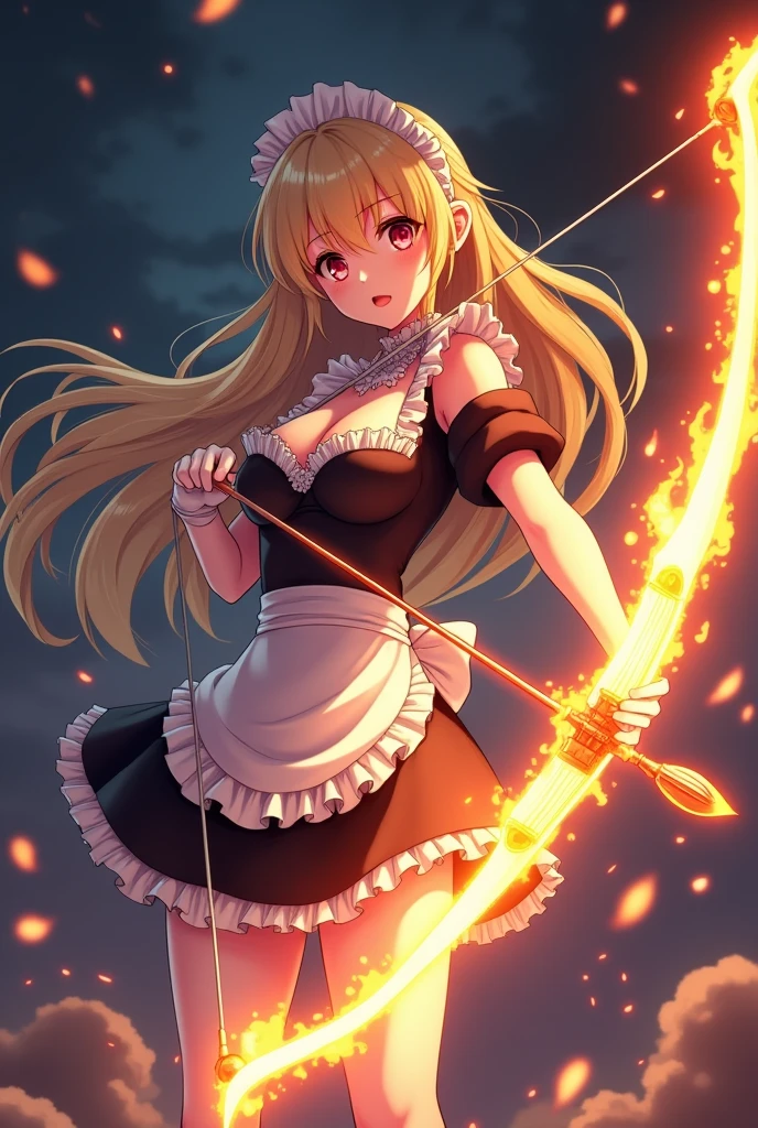 A semi-human girl in anime style, She wears a mini skirt and revealing armor. He holds a sword in one of his hands. She is very pretty and sexy. The lighting is soft, highlighting her facial features.. Surrounded by a golden electric aura and magical runes, which gives it a divine presence.