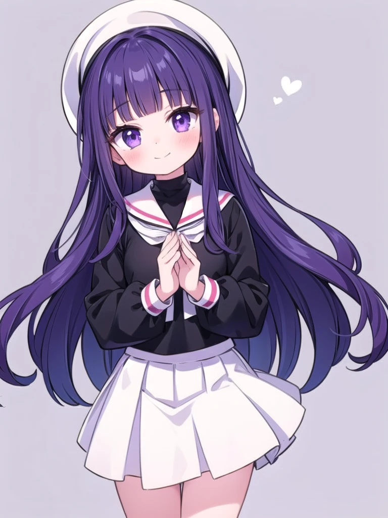 1girl, masterpiece, best quality, perfect hands, smile, blush, closed mouth, tomoyo, dark purple hair, very long hair, purple eyes, school uniform, white sailor collar, ((black shirt)), long sleeves, white skirt, pleated skirt, white hat, beret, cowboy shot, bare legs, blunt bangs, straight hair