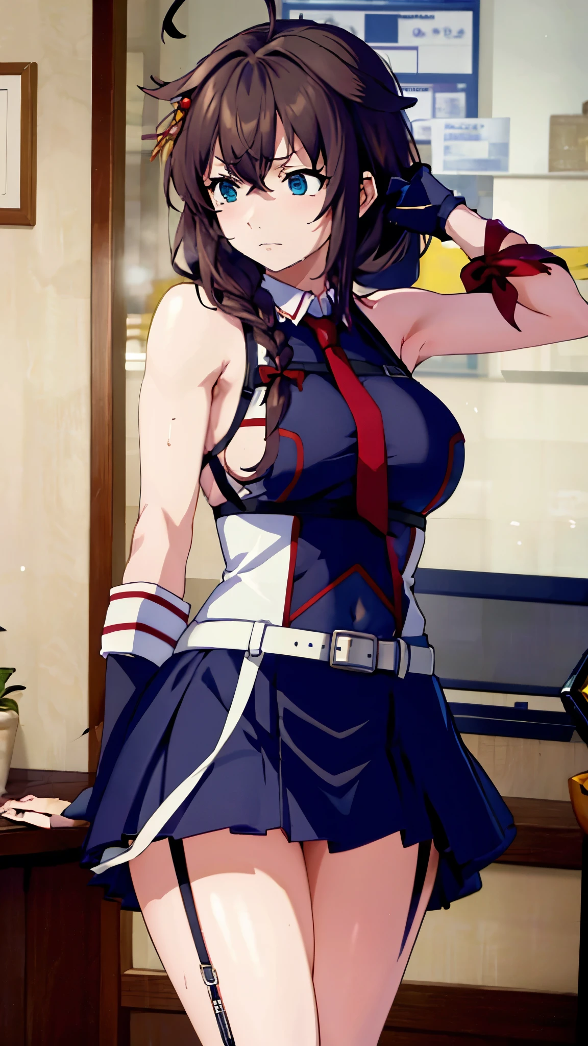 Best Quality, masterpiece, High resolution　shigurekaisanKC　1 girl、solo、Ahoge、Single braid、Hair accessories、Thighs、gloves、uniform、tie、Serafuku、Fingerless Gloves、Hair flap、黒Serafuku、Sleeveless shirt、belt、Hand Ribbon、skirt　Big Breasts　A sad expression