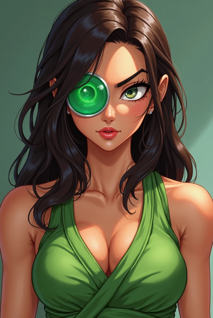 one asian girl, ada wong, solo, abs, slender body, (upper body, bust:1.2), black eyes, black hair, (green clothes, tiny breasts, small breasts, male chest, cleavage, exposed breasts, deep cleavage:1.5), bare shoulders, masterpiece, highly detailed, look at viewer, shiny blured orange background, gradient sprayed background, front view, gradient red purple background, blured background, glowing edges of image
